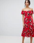 Y.a.s Floral Off Shoulder Midi Dress With Ruffle Hem - Red