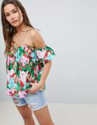 Asos Design Cotton Off Shoulder Top In Tropical Floral - Multi