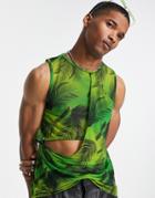 Collusion Leaf Print Cut Out Mesh Tank In Green