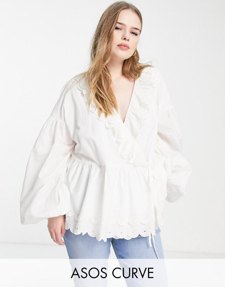 Asos Edition Curve Wrap Smock Top With Broderie Ruffle Collar In White