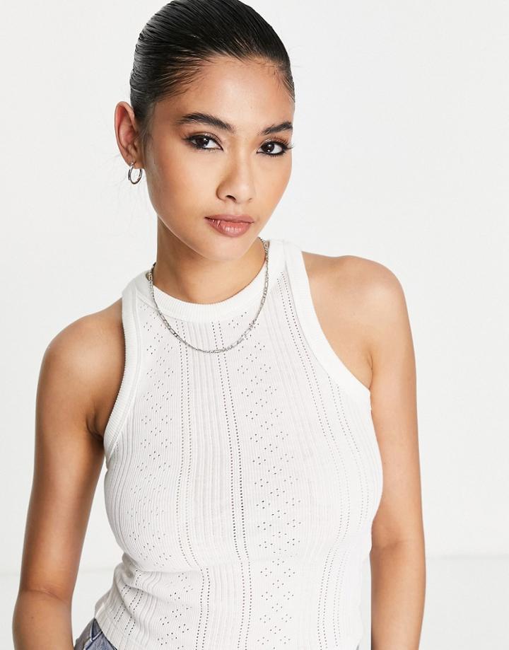 Asos Design Racer Tank Top In Pointelle In Ecru-white