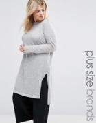 Junarose Funnel Neck Longline Knitted Jumper With Side Splits - Gray