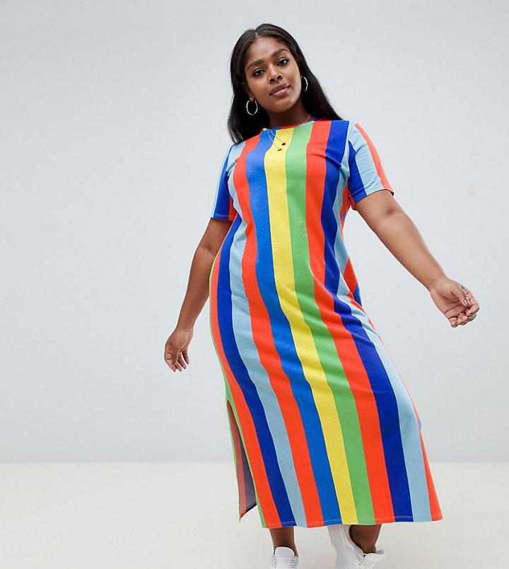 Asos Design Curve Ultimate T-shirt Maxi Dress In Rainbow Stripe - Multi