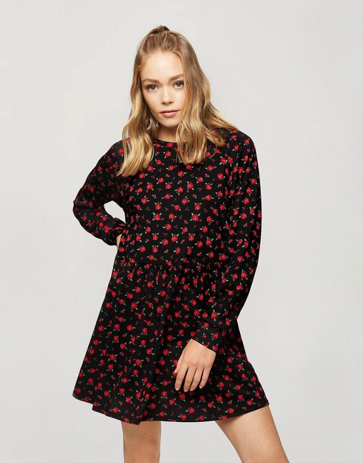 Miss Selfridge Smock Dress In Black Rose Print