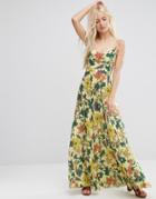 Asos Occasion Cami Maxi Dress With Pleated Skirt In Yellow Floral Print - Multi