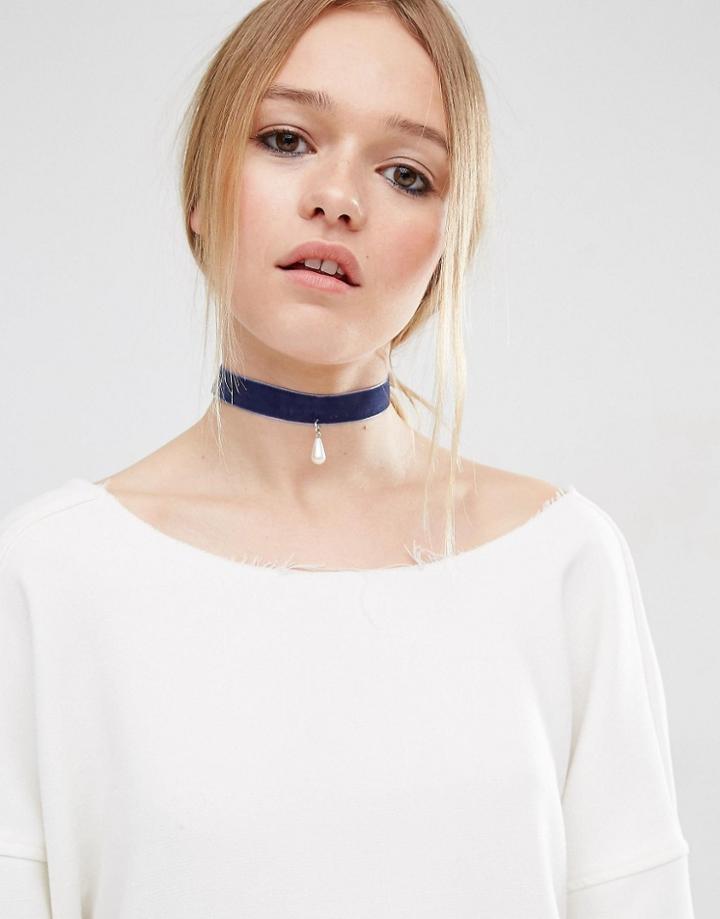 Asos Velvet Pearl Choker Necklace - Blue