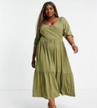 Asos Design Curve Jersey Wrap Smock Midi Dress-green