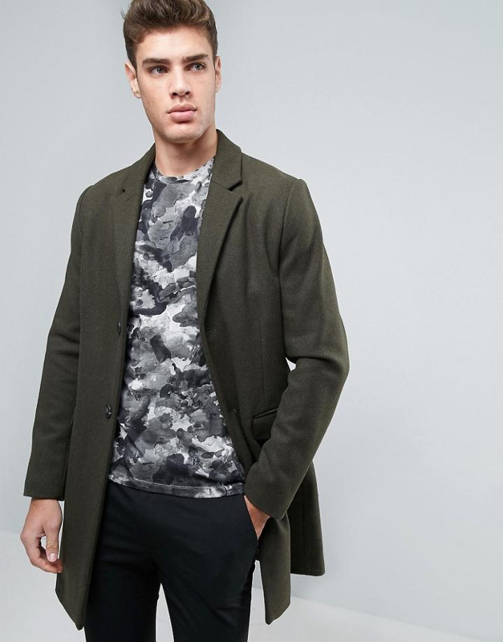 Pull & Bear Wool Overcoat In Khaki - Green