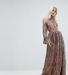 True Decadence Petite Cold Shoulder Premium Embroidered Maxi Dress - Gray