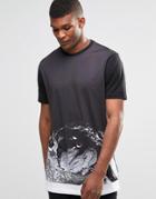 Asos Super Longline T-shirt With Marble Hem Print And Contrast Hem Extender - Black