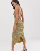 Asos Edition Sequin Fringe Cutout Bodycon Midi Dress - Gold