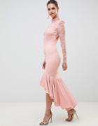 City Goddess Bridesmaid Long Sleeve High Neck Fishtail Maxi Dress With Lace Detail-pink