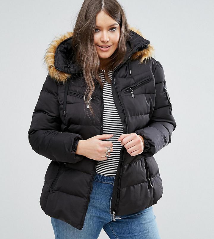 Koko Plus Padded Coat With Belt And Faux Fur Collar - Black