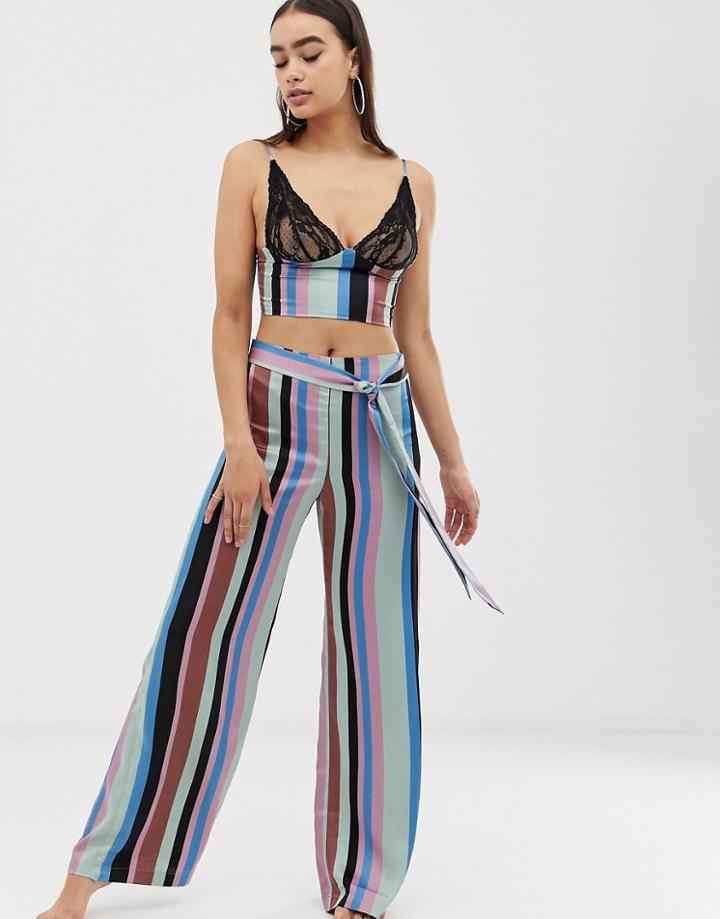 Asos Design Lace Cupped Striped Satin Cami And Wide Leg Pants - Multi