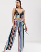 Asos Design Lace Cupped Striped Satin Cami And Wide Leg Pants - Multi