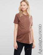 Asos Maternity T-shirt With Asymmetric Raw Hem Detail - Brown
