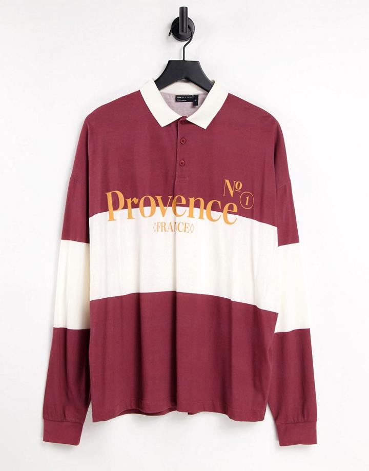 Asos Design Oversized Long Sleeve Polo T-shirt In Burgundy & Off White Stripe With Text Print-multi