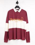 Asos Design Oversized Long Sleeve Polo T-shirt In Burgundy & Off White Stripe With Text Print-multi