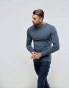 Asos Long Sleeve Muscle T-shirt In Blue - Blue