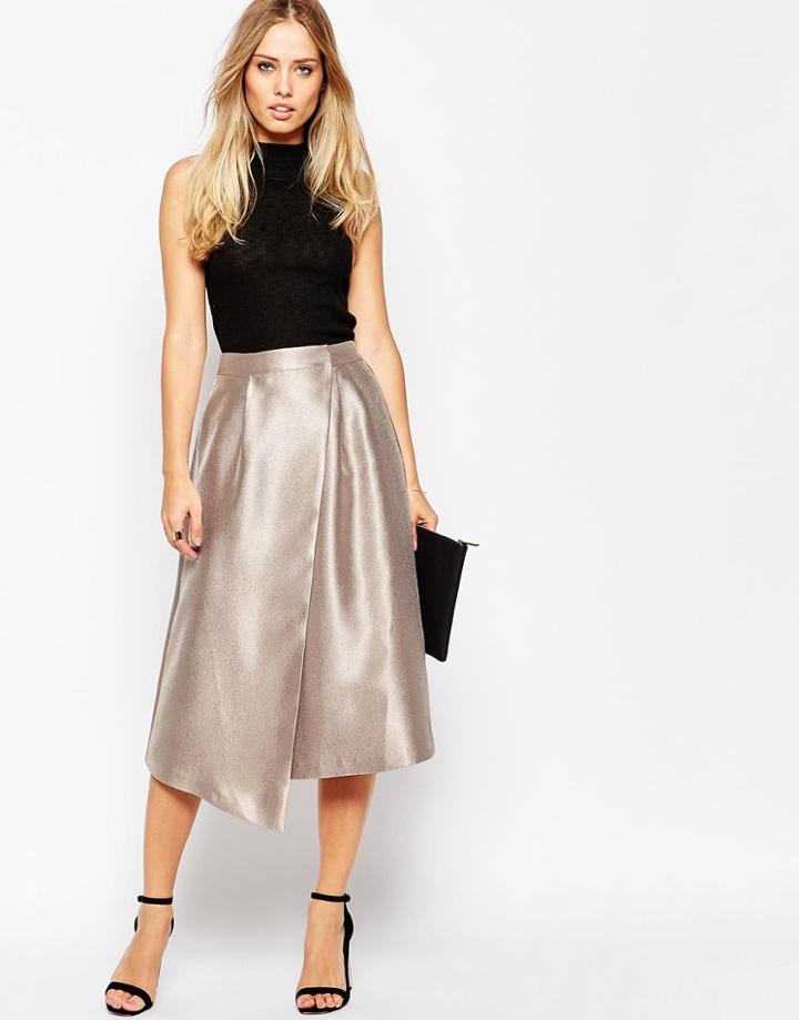 Asos Midi Skirt With Asymmetric Wrap - Nude