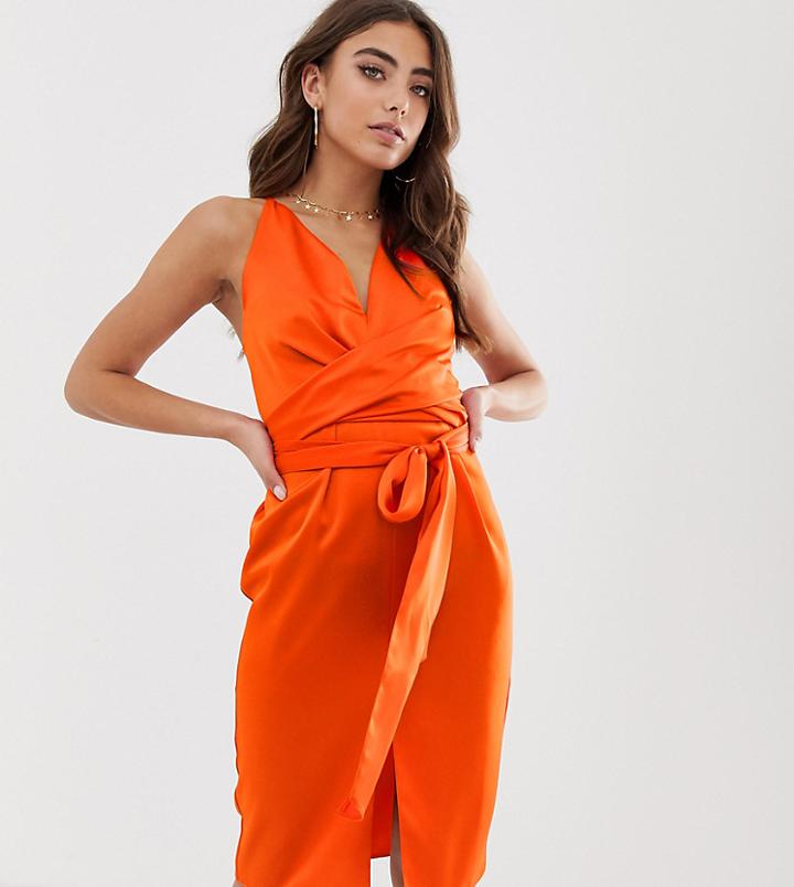 Asos Design Cami Midi Dress With Wrap Waist In Satin - Orange