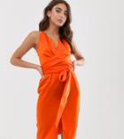 Asos Design Cami Midi Dress With Wrap Waist In Satin - Orange