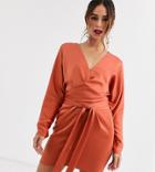 Asos Design Mini Dress With Batwing Sleeve And Wrap Waist In Satin