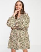 Asos Design Button Through Mini Smock Dress With Long Sleeves In Green And Pink Floral
