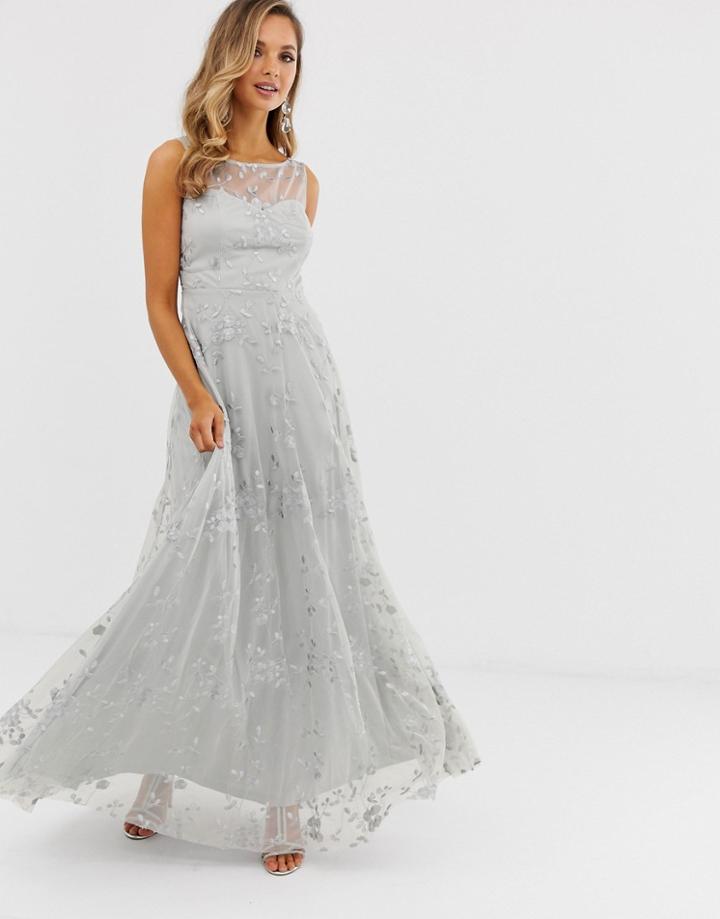 City Goddess High Neck Embroidered Mesh Maxi Dress - Green