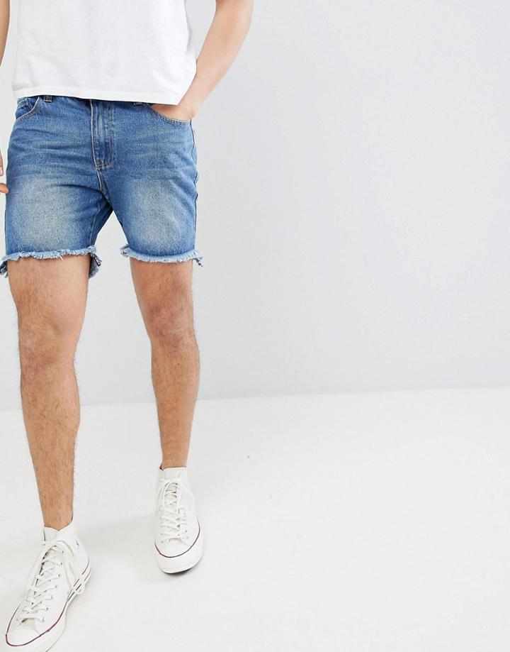 Boohooman Slim Fit Denim Shorts With Raw Hem In Blue Wash - Blue