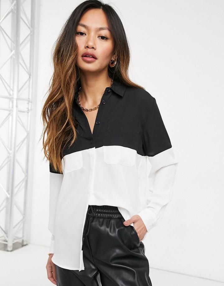 Asos Design Long Sleeve Color Block Shirt In Mono Print-white