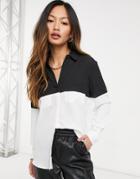 Asos Design Long Sleeve Color Block Shirt In Mono Print-white