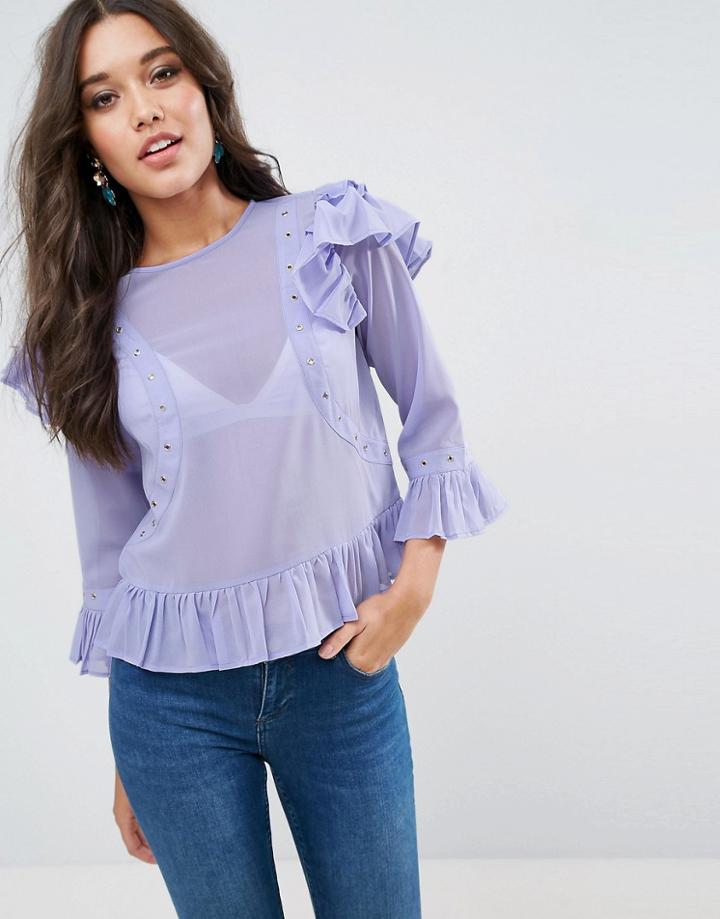 Asos Blouse With Ruffle Hem And Eyelet Details - Purple