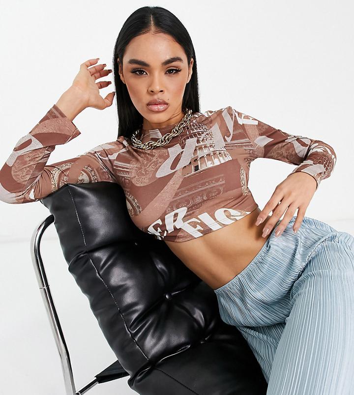 Asyou Long Sleeve 90s Crop Top In Print-brown