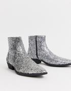 Asos Design Stacked Heel Western Chelsea Boots In Silver Glitter - Multi