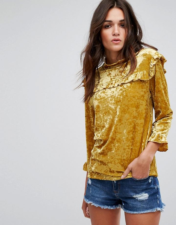 Blank Nyc Velvet High Neck Top With Ruffle Detail - Gold