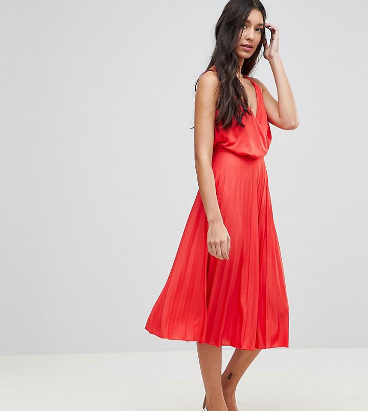 Asos Tall Blouson Wrap Pleated Midi Dress - Red