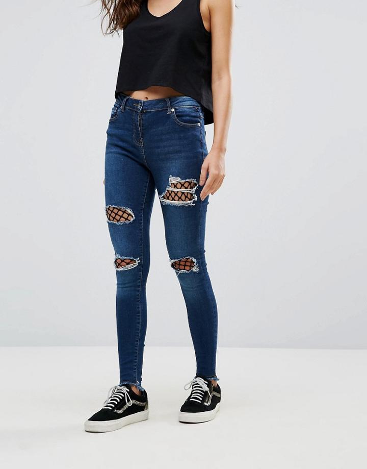 Parisian Ripped Jeans With Fishnet - Blue
