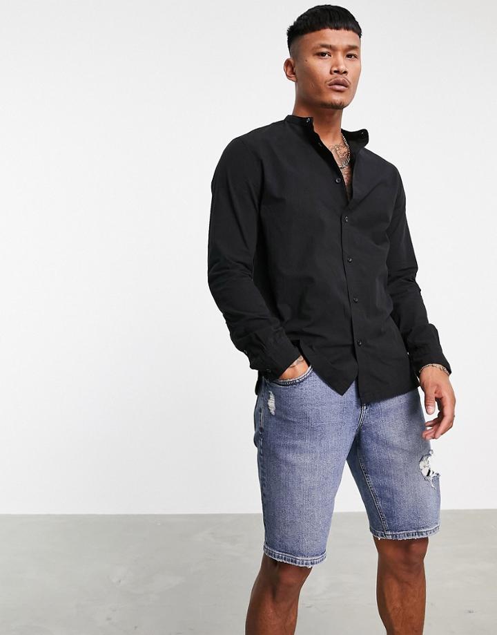 Bershka Grandad Collar Shirt In Black