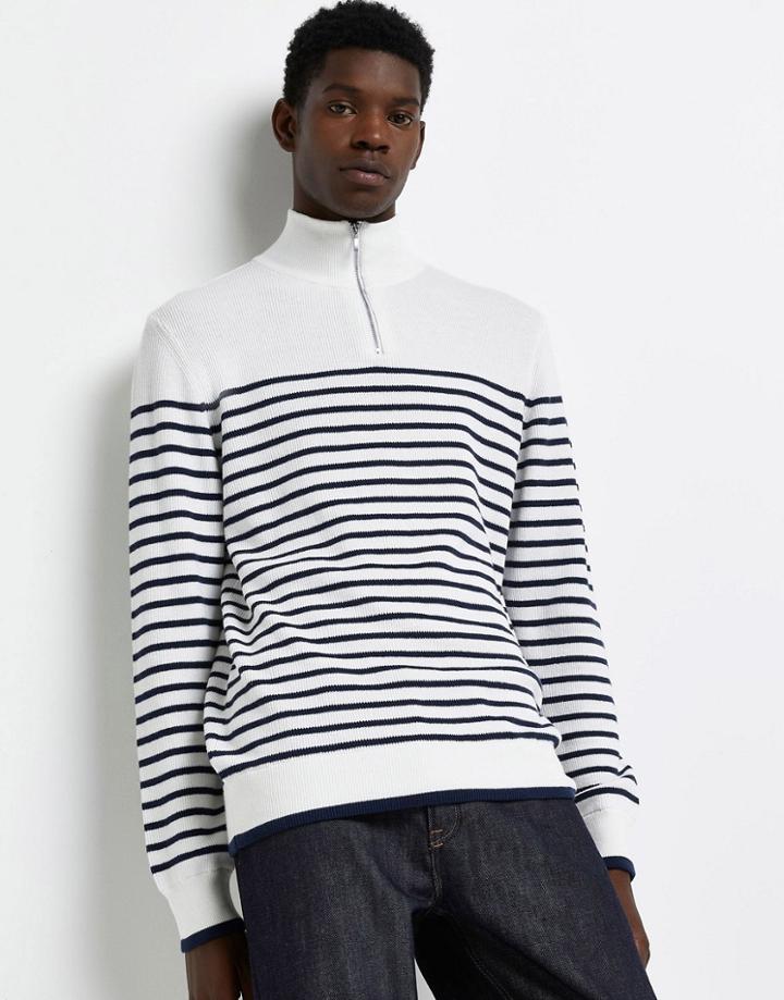 River Island Knit Half Zip Stripe Sweater In White & Navy