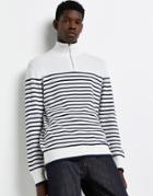 River Island Knit Half Zip Stripe Sweater In White & Navy