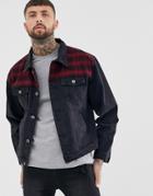Liquor N Poker Denim Jacket In Washed Black With Check Patches - Black