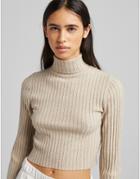 Bershka Knitted Ribbed Turtle Neck Sweater In Beige Heather-neutral