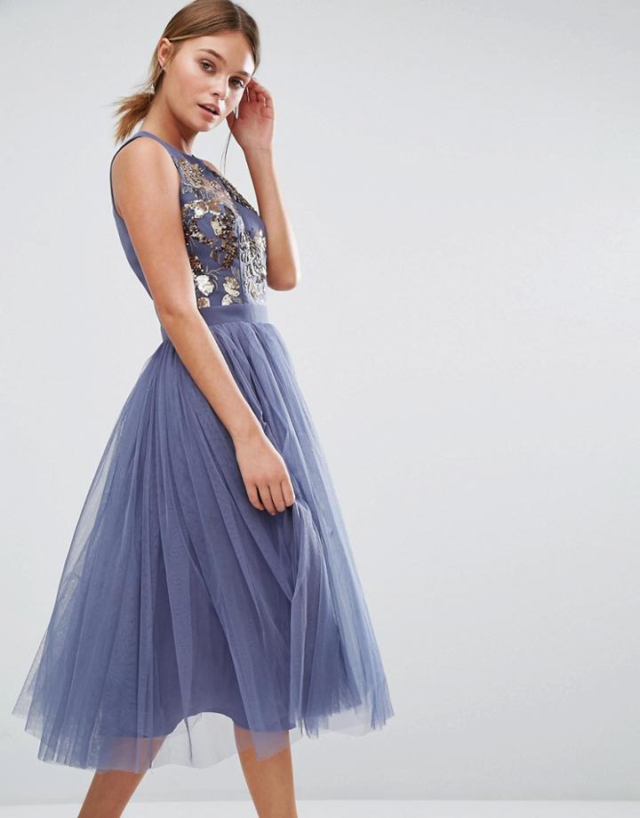 Little Mistress Embellished Midi Dress With Tulle Skirt - Gray