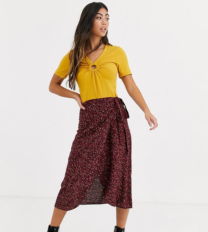 New Look Petite Split Midi Wrap Skirt In Red Leopard Print