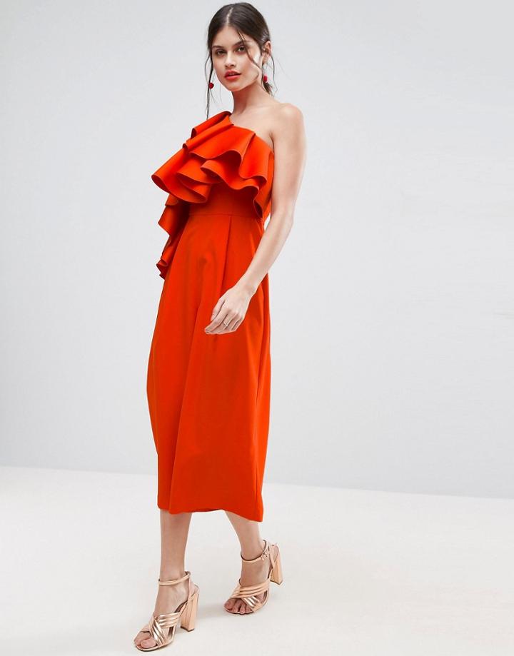 Asos Premium Occasion Jumpsuit With Ultimate Ruffle - Red