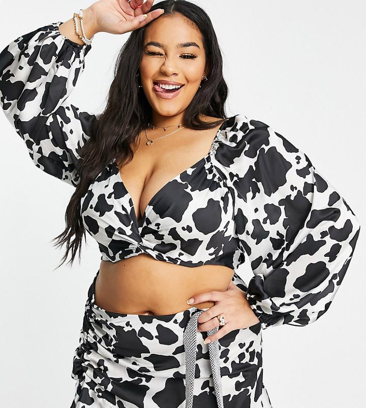 Flounce London Plus Twist Front Long Sleeve Satin Crop Top In Abstract Animal Print - Part Of A Set-multi