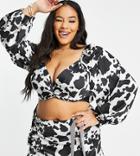 Flounce London Plus Twist Front Long Sleeve Satin Crop Top In Abstract Animal Print - Part Of A Set-multi