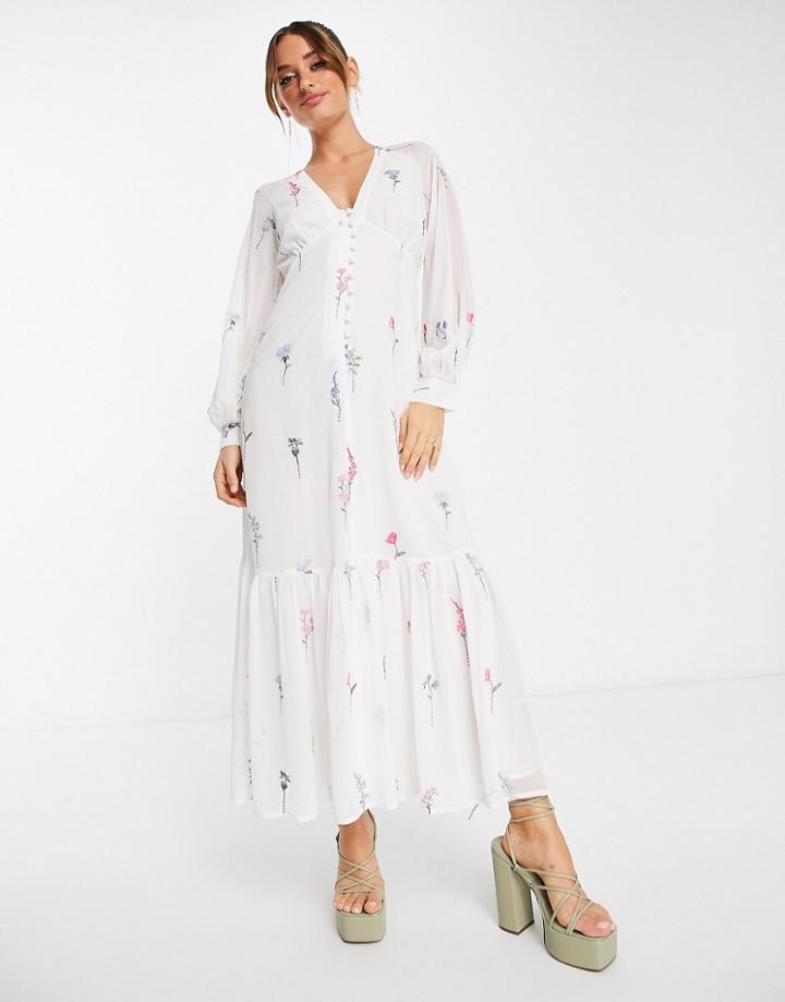 Asos Design Button Through Embroidered Maxi Tea Dress In White