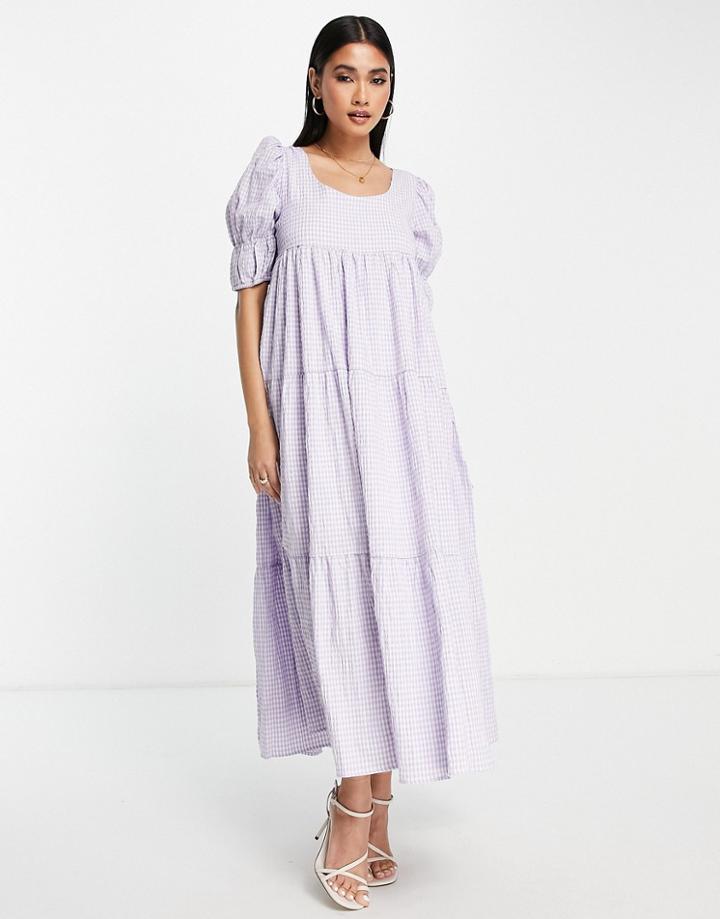 Ghospell Midaxi Smock Dress With Tie Back And Tiers In Lilac-purple